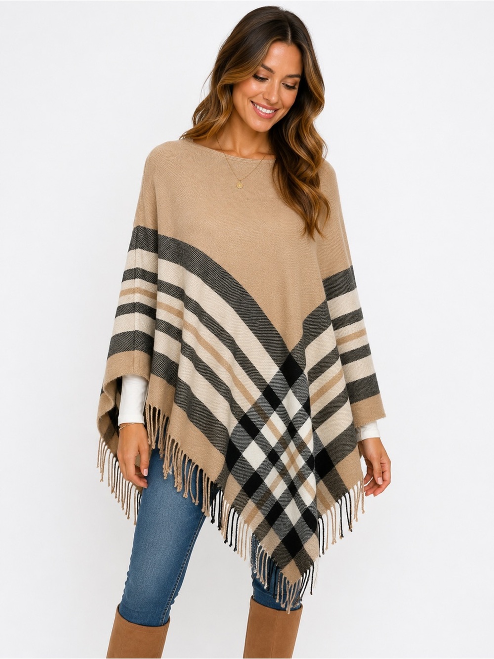 Beige Plaid Fringe Ruana Poncho Wrap Cape One Size Cozy Layer
